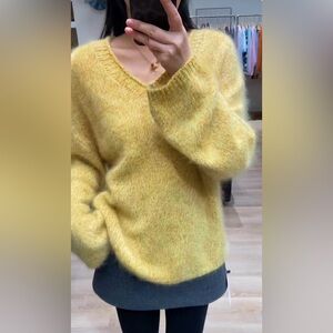 Yellow furry V-Neck Women's Sweater